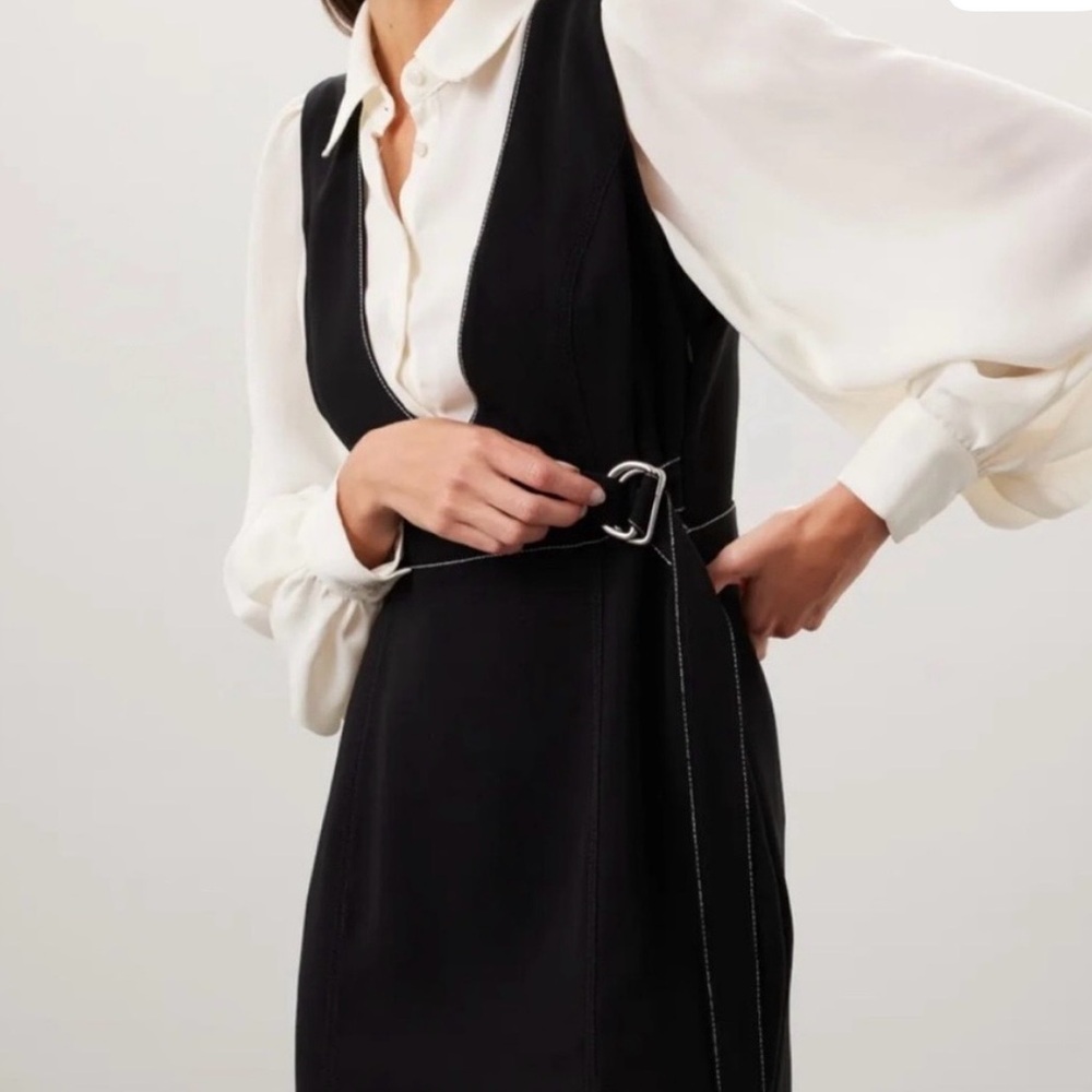 New Cinq a Sept Ambre Belted Midi Combo Crepe Shirt Dress Black White Sz 8 - Picture 2 of 10